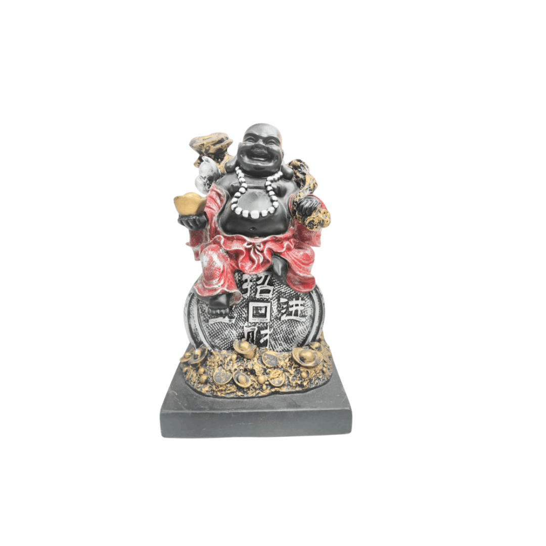 Black and red Laughing Buddha Statue sitting on golden coins holding an ingot