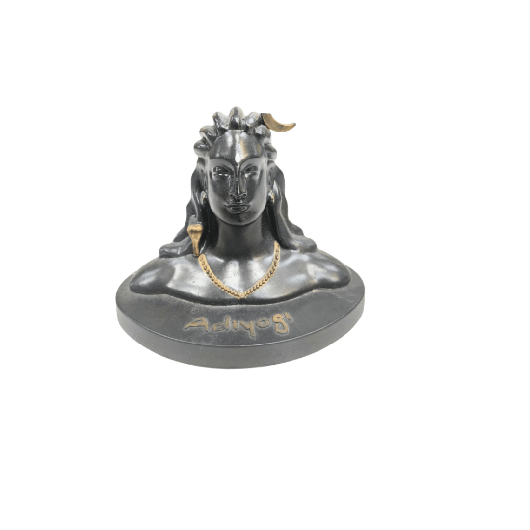 Black bust of Adiyogi Shiva Statue with a golden crescent moon and snake