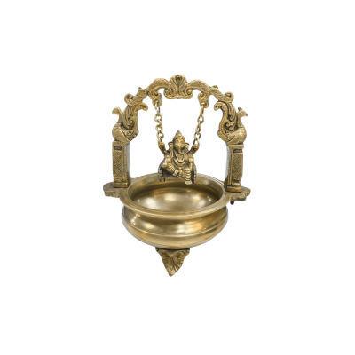 Brass hanging diya (oil lamp) featuring a Ganesha Statue on a swing with peacocks