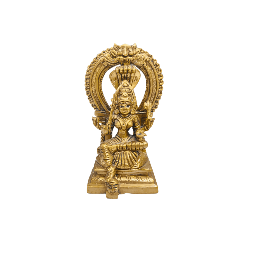 Brass Hindu Goddess Statue sitting under a multi-headed snake canopy