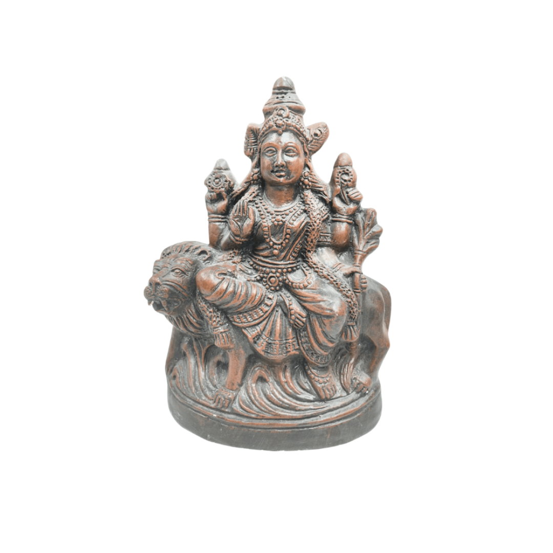 Brown sculpted Hindu Goddess Durga Statue riding a lion
