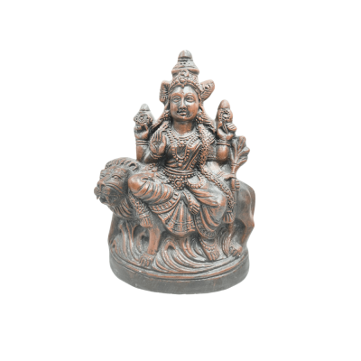 Brown sculpted Hindu Goddess Durga Statue riding a lion