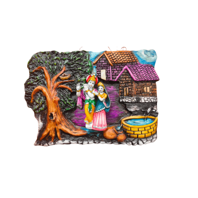 Colorful 3D relief wall hanging Statue depicting Radha and Krishna standing beside a tree and a village hut