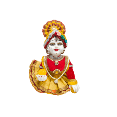 Colorful baby Krishna (Laddu Gopal) Statue wearing a red and yellow dress