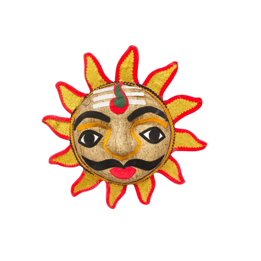 Colorful crafted sun face Statue made of natural fibers with a mustache and red triangular rays