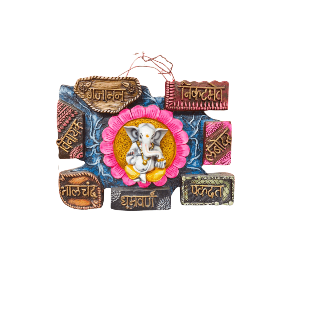 Colorful wall hanging plaque Statue featuring Ganesha in the center with various inscribed names in Devanagari script