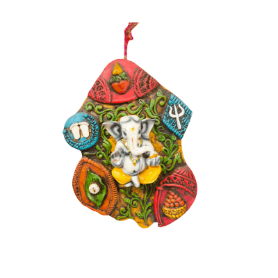Colorful wall hanging Statue featuring Lord Ganesha surrounded by auspicious Hindu symbols like a trishul and footprints