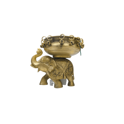 Golden brass elephant Statue carrying a large bowl decorated with hanging bells
