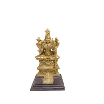 Golden brass Hindu deity Statue with four arms sitting on a stepped pedestal