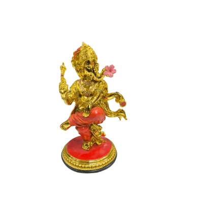 Golden dancing Hindu God Ganesha Statue holding a pink flower on a red base