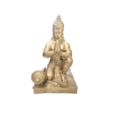 Golden kneeling Hanuman Statue with folded hands in prayer next to his mace