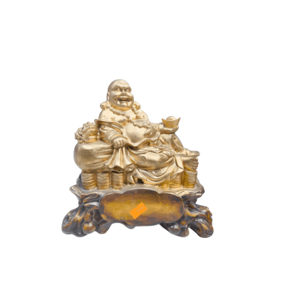 Golden Laughing Buddha Statue sitting on a pile of wealthcoins