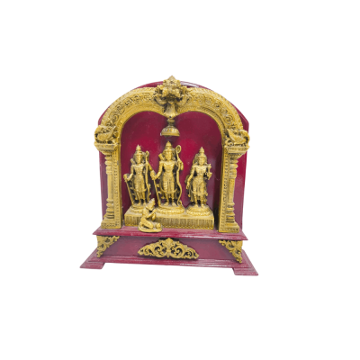 Golden Ram Darbar (Rama, Sita, Lakshmana, Hanuman) Statue inside a maroon archway