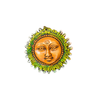 Orange and green painted sun face (Surya) wall hanging Statue with wavy rays