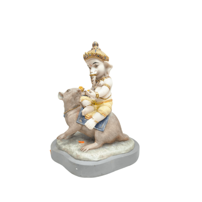 Painted Ganesha Statue sitting on his mouse mount