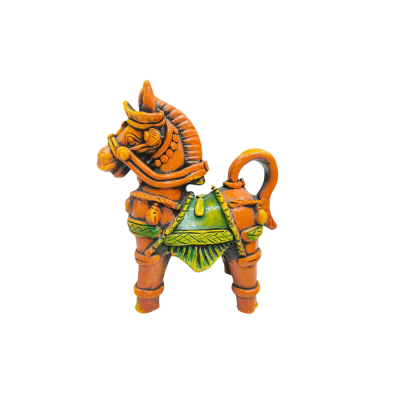 Painted terracotta clay horse Statue with orange, green, and yellow detailing