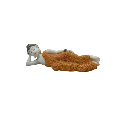 Reclining Buddha Statue resting and wearing an orange patterned robe