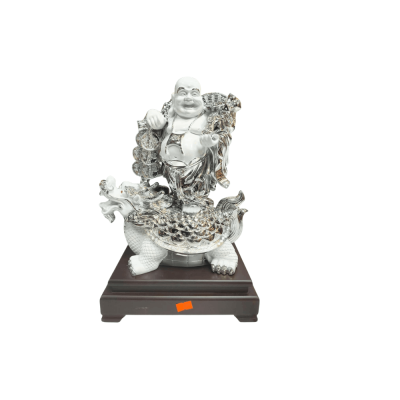 Silver and white Laughing Buddha Statue riding a mythological dragon turtle