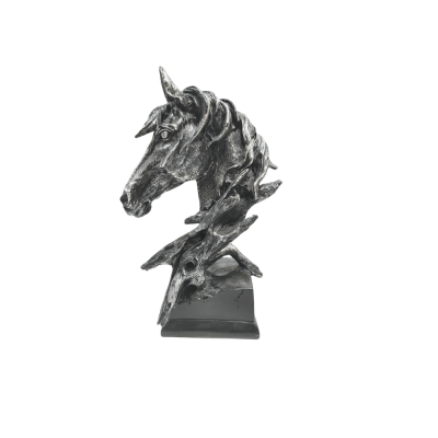 Silver-colored textured horse head bust Statue mounted on a black base